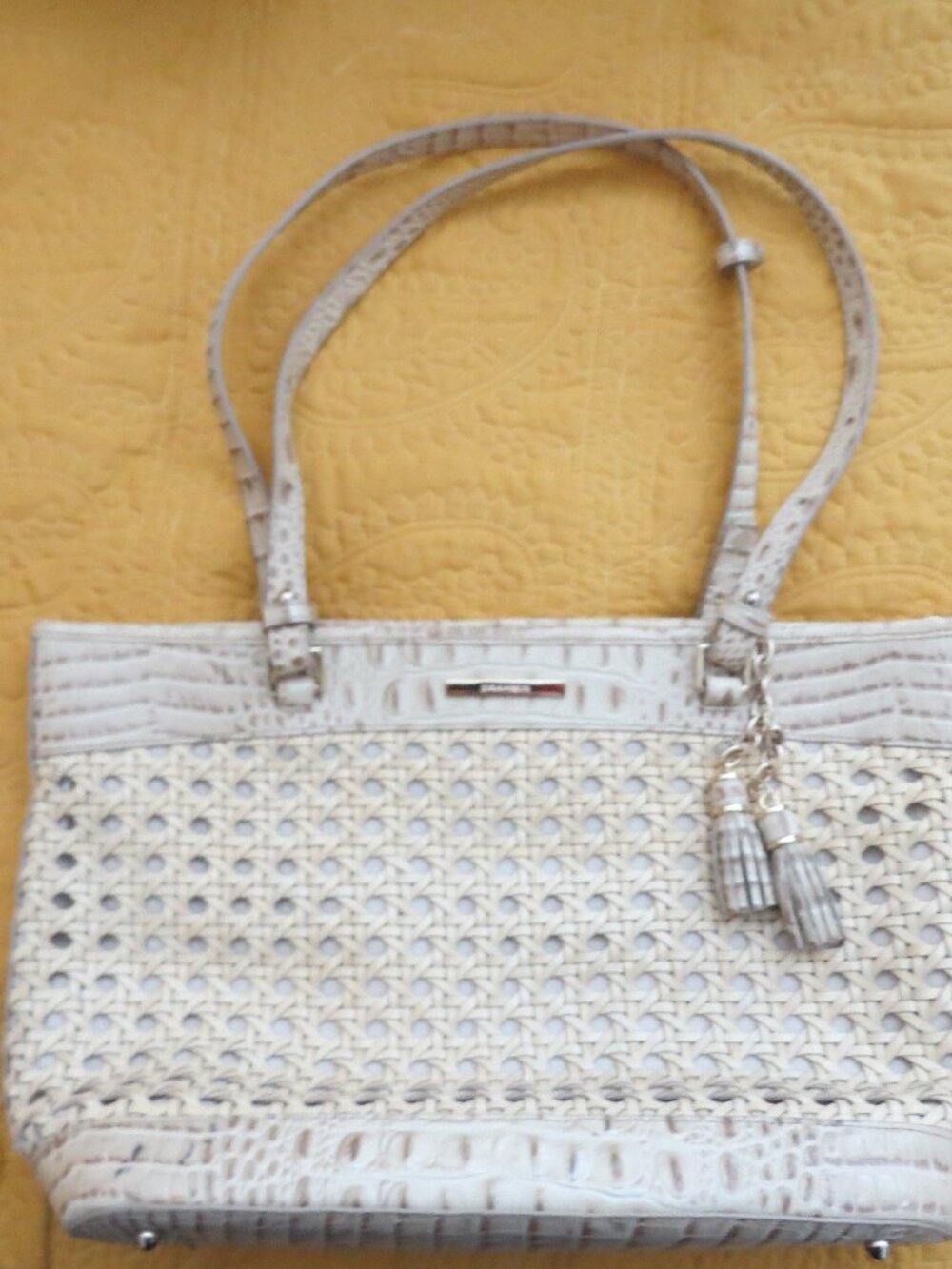 Brahmin Woven Tote Bag White Ivory Croc Embossed Shoulder Purse